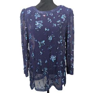 Vintage PEAK Starlink Hand-Beaded Tunic Top 10 Royal Blue Sequin Formal